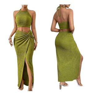 Green Halter Neck Top & Maxi Skirt Set